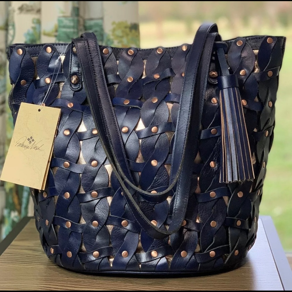 PATRICIA NASH Navy Leather Twisted Braid Mizzana Tote NWT